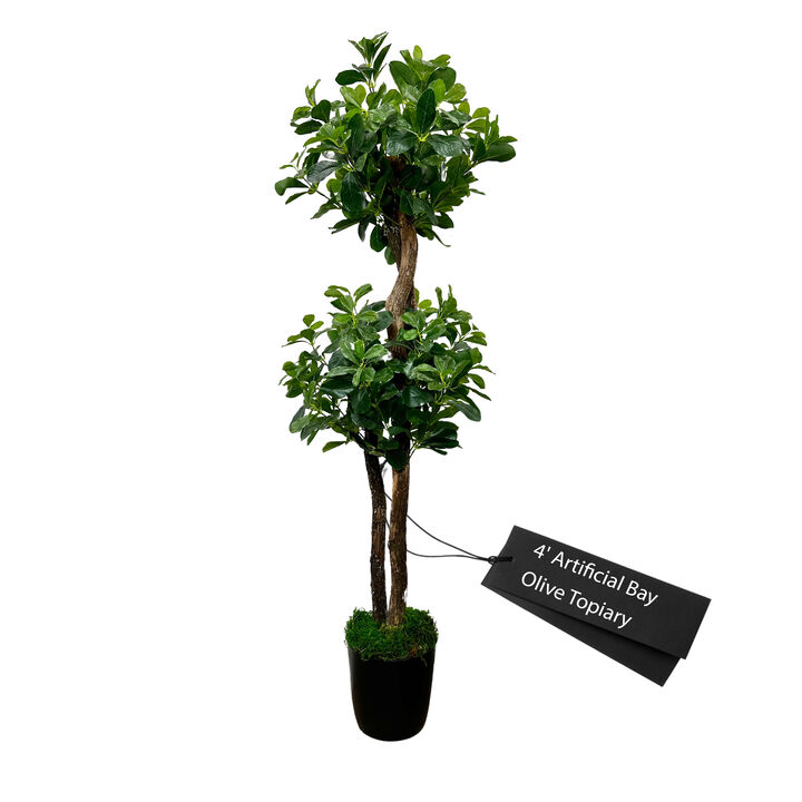 Handmade 4' Artificial Sweet Bay Topiary Tree In Home Basics Plastic Pot Made with Real Wood and Moss Accents