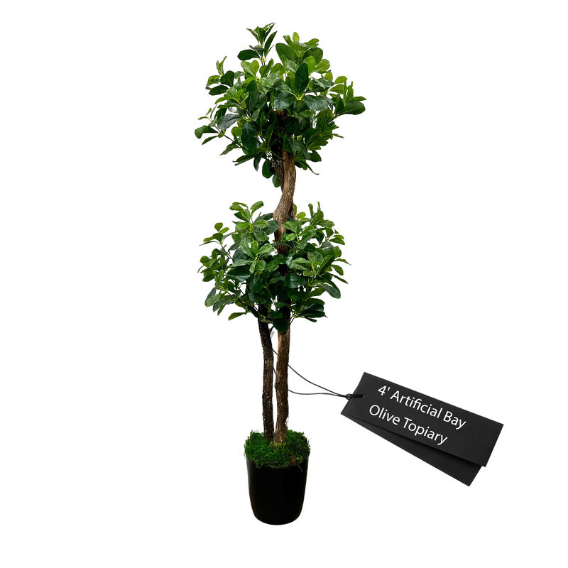 Handmade 4' Artificial Sweet Bay Topiary Tree In Home Basics Plastic Pot Made with Real Wood and Moss Accents