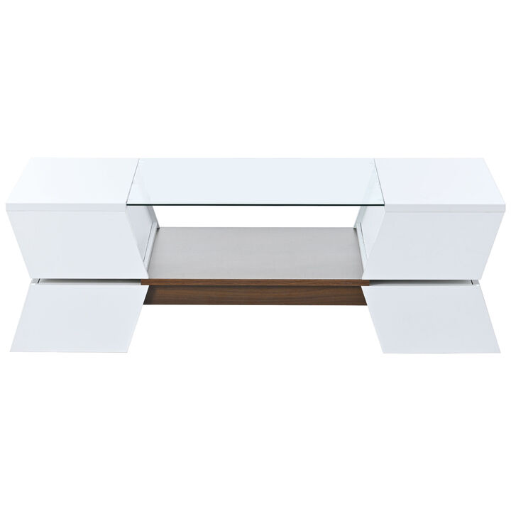Merax 6mm Glass-Top Coffee Table with Open Shelves and Cabinets