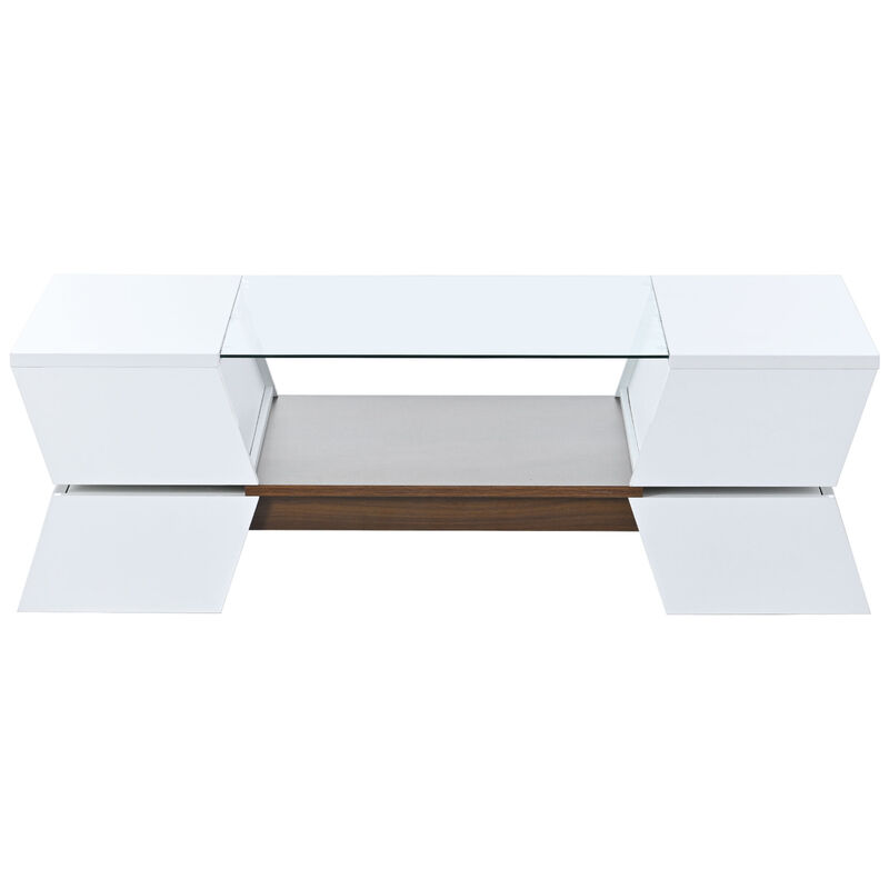 Merax 6mm Glass-Top Coffee Table with Open Shelves and Cabinets