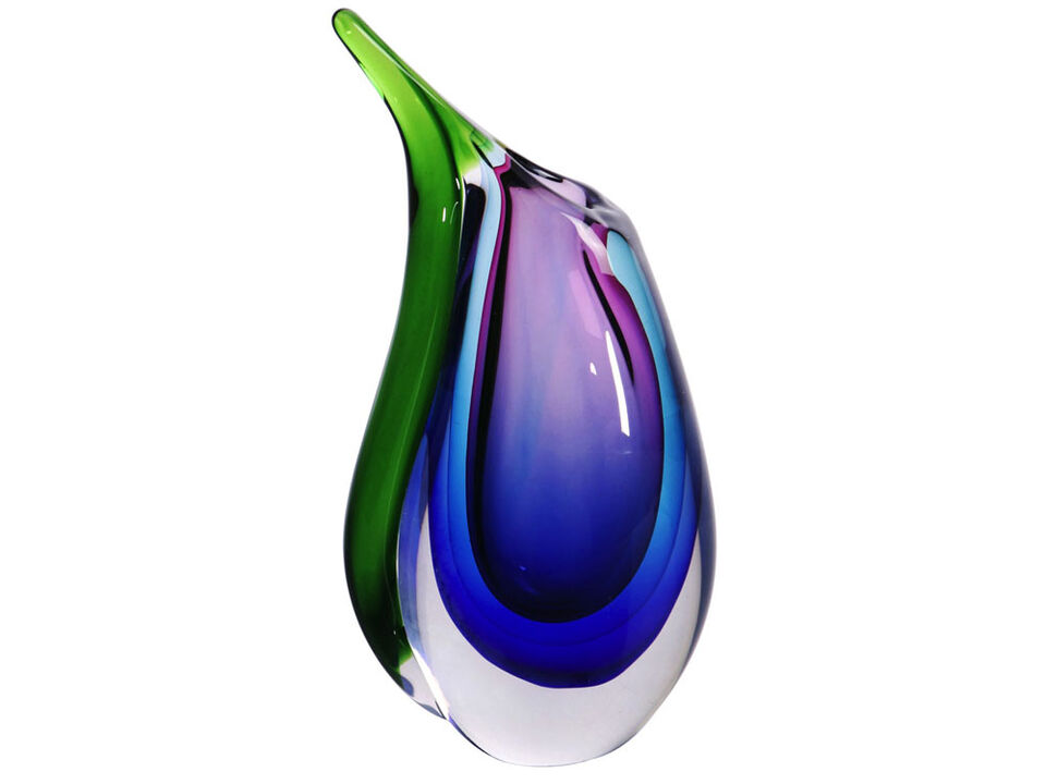 Hand Blown Multicolor Sommerso Teardrop Art Glass Vase with Angled Lip