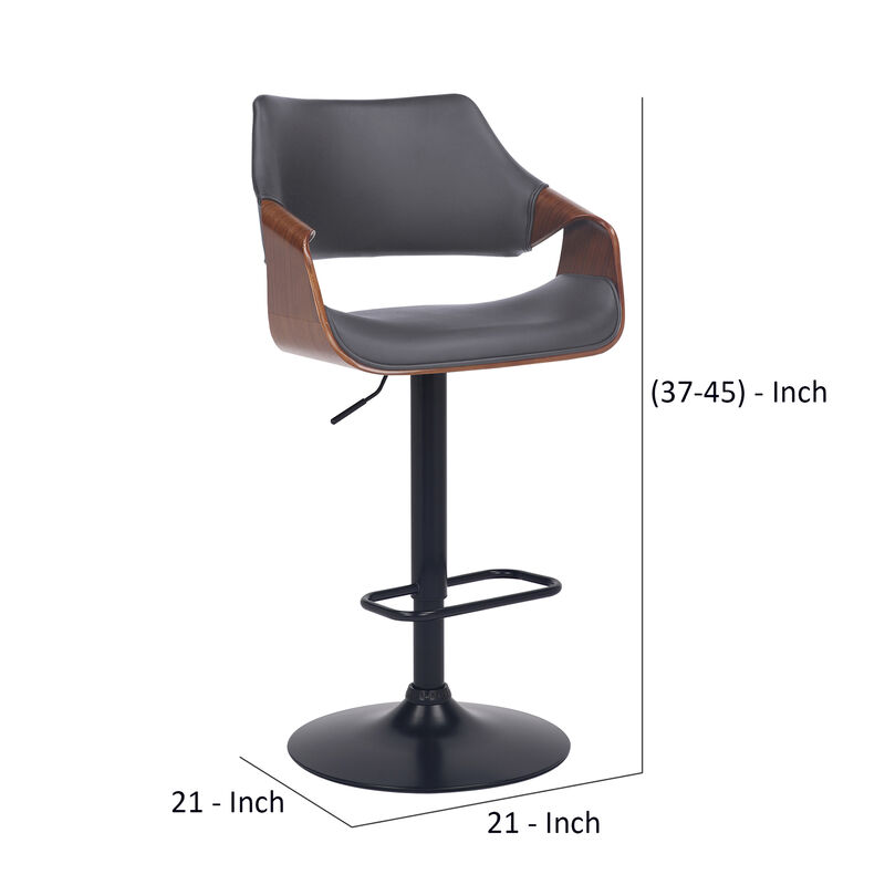 Adjustable Barstool with Faux Leather and Wooden Support, Black and Gray - Benzara