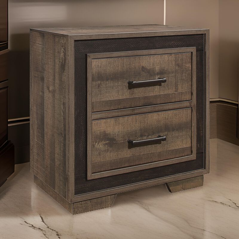 Wooden Nightstand with Sled Base and Metal Bar Pulls, Brown - Benzara