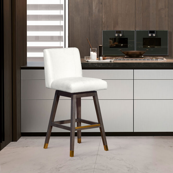 Basila Swivel Stool in Grey Oak Wood Finish with Pearl Fabric