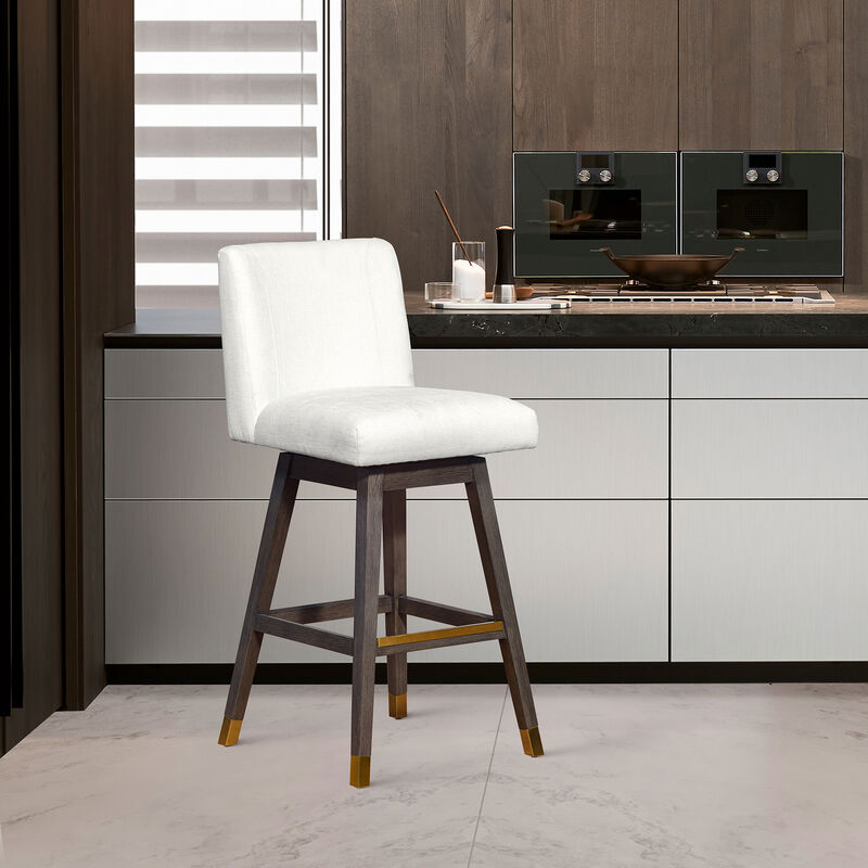 Basila Swivel Stool in Grey Oak Wood Finish with Pearl Fabric