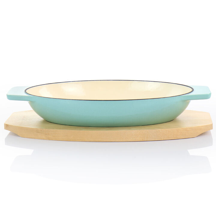 Martha Stewart 2 Piece Enameled Cast Iron Oval Casserole Birch Wood Trivet Set in Aqua