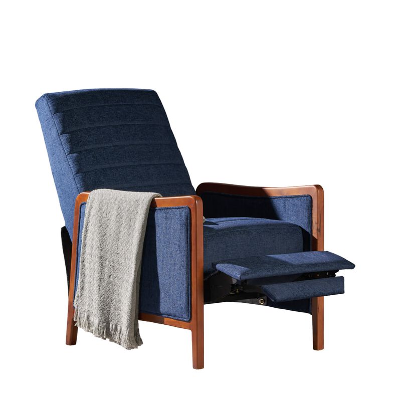 Ryka Pushback Manual Recliner Chair, Birch Wood, Channel Stitch Blue - Benzara