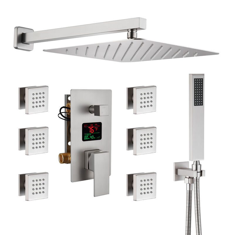 Mondawe Temperature Digital Display 3 Functions Wall Mounted Thermostatic Shower System with 6 Body Jets and Rough-in Valve in Brushed Gold