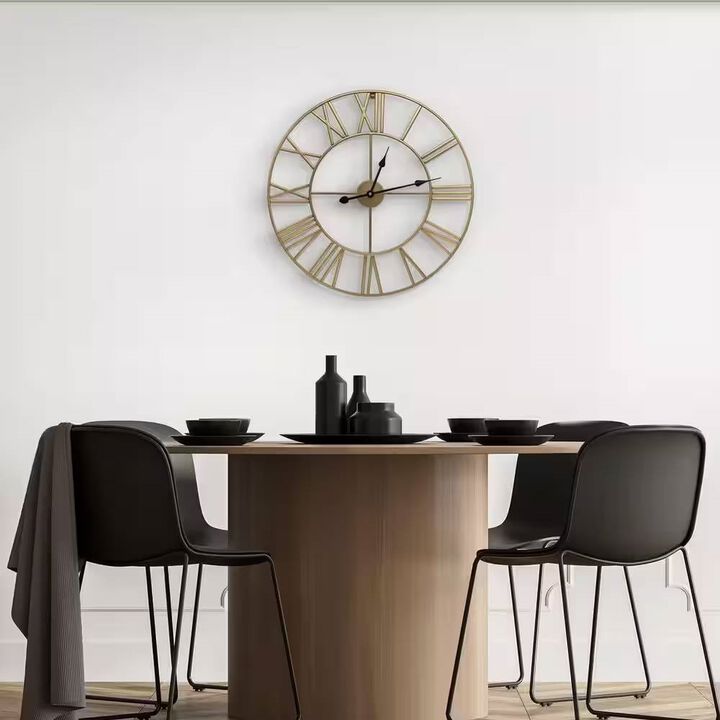 Hivvago Round 24 inch Decorative Gold Metal Wall Clock Roman Numerals and Black Hands