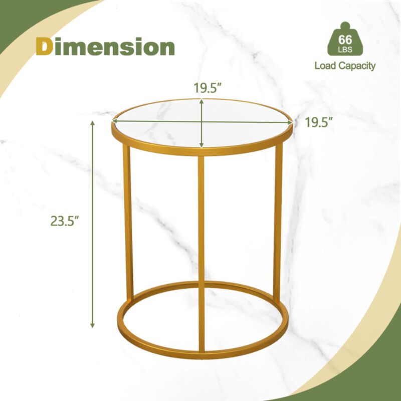 Hivvago 16 Inch Marble Top Round Side Table with Golden Metal Frame for Living Room Bedroom