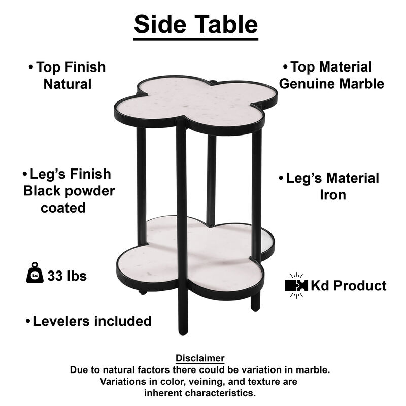 Chloe Side End Table, White Genuine Marble Clover Shape Top With Black Iron Frame