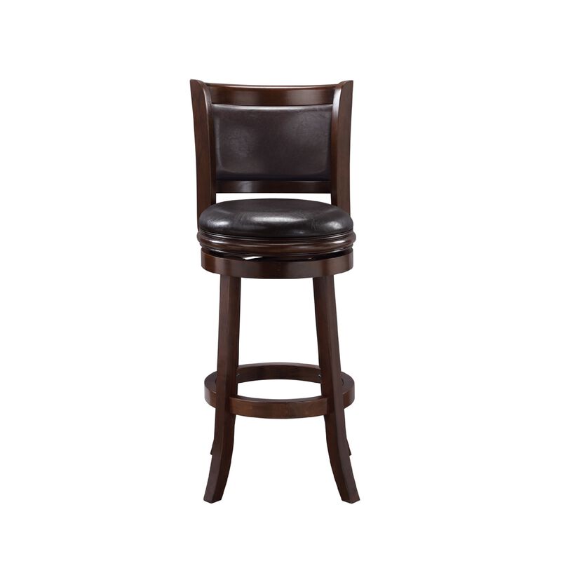 Pal 29 Inch Swivel Bar Stool, Solid Wood, Rich Faux Leather, Espresso Brown - Benzara