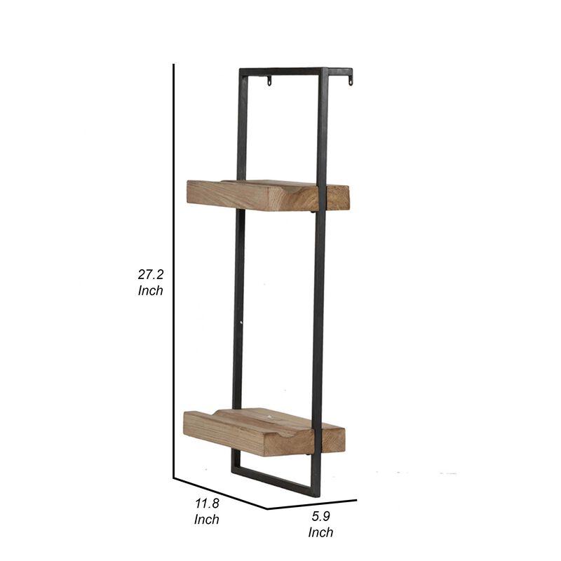 Yin 27 Inch Wall Shelf with 2 Tiers, Rectangular Black Iron, Brown Wood - Benzara