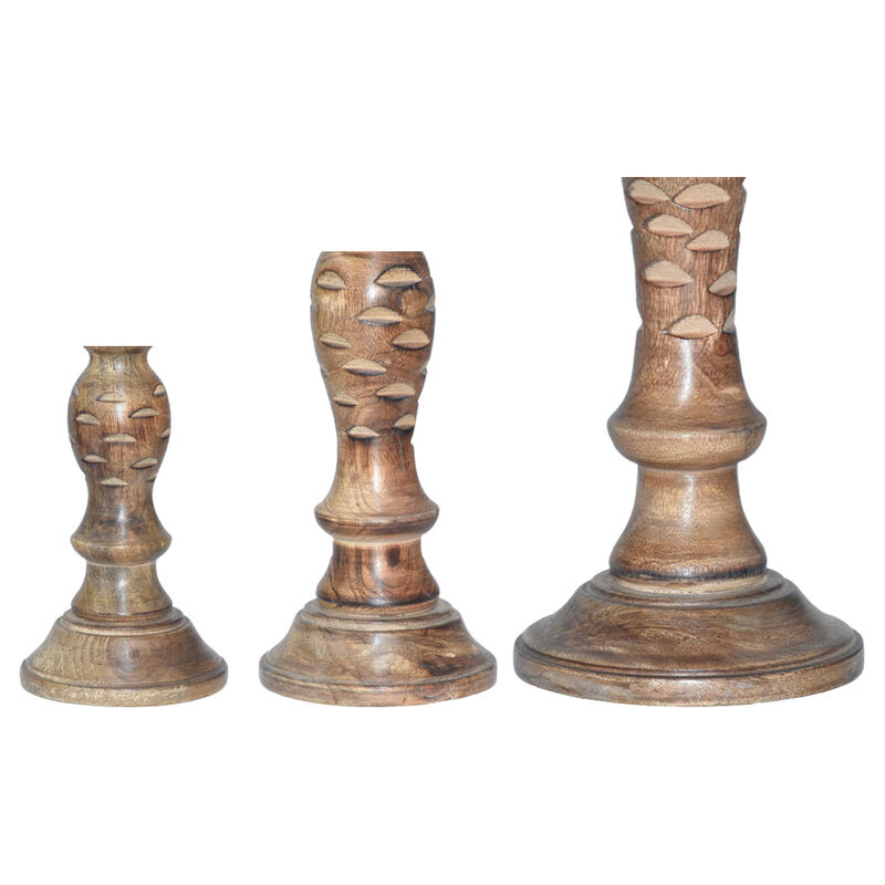 Traditional Medium Burnt Eco-friendly Handmade Mango Wood Set Of Three 9",12" & 15" Pillar Candle Holder