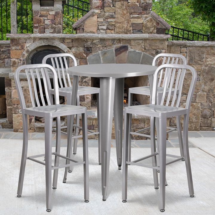 Flash Furniture Commercial Grade 30" Round Silver Metal Indoor-Outdoor Bar Table Set with 4 Vertical Slat Back Stools