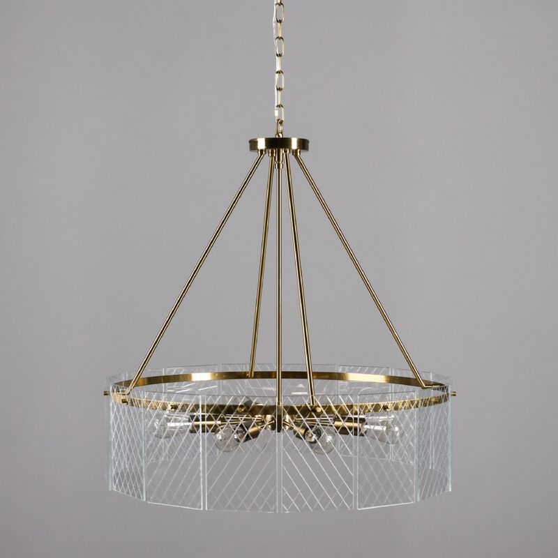 32 Inch Round 8 Light Chandelier, Diamond Lattice, Gold Iron, Clear Glass-Benzara