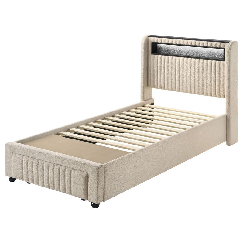 Madie Twin Platform Bed, LED and Storage, Cream Channel Tufted Boucle - Benzara