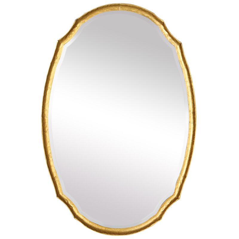 36 Inch Wood Wall Mirror, Oval Shape, Concave Surface, Gold-Benzara