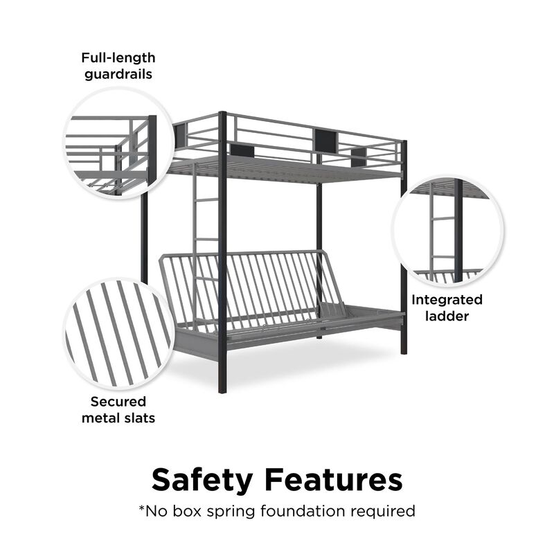 Reeta Twin over Futon Metal Bunk Bed, Silver and Black