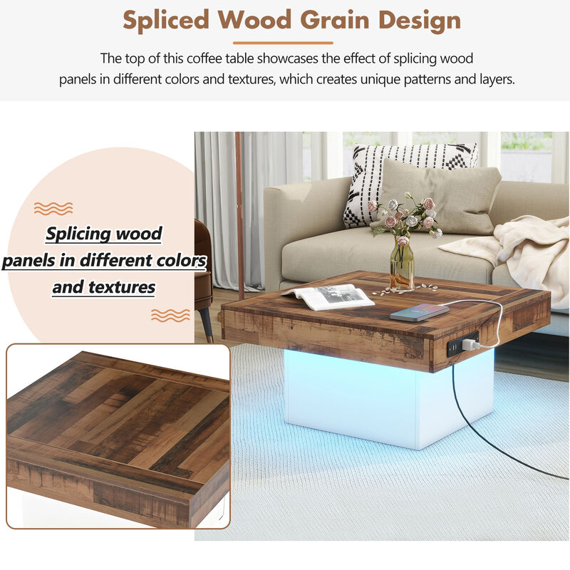 Merax Farmhouse Coffee Table with 2 USB Ports and LED Light
