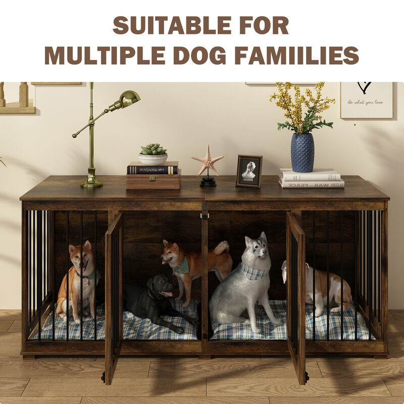Tiger Skin Dog Crate Furniture for 2 Dogs, 71 in. Heavy-Duty Wooden Dog Crate with Trays & Divider for Large Medium Dogs