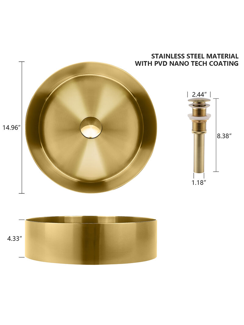 Stainless Steel Bathroom Sink with Mounting Ring & Pop-Up Drain Round Bowl Basin Rose Gold