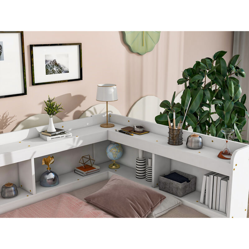 Bed with L-shaped Bookcases, Drawers