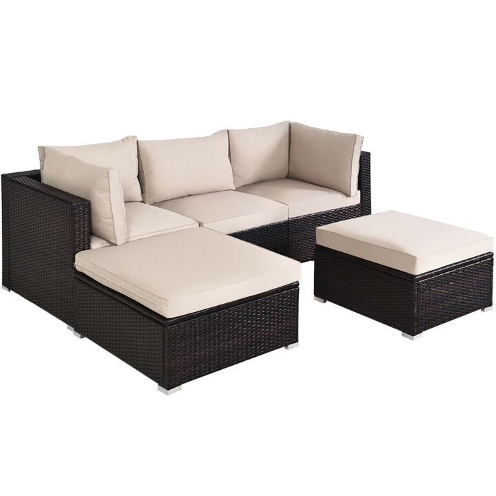 5 Pieces Patio Rattan Sofa Set with Cushion and Ottoman