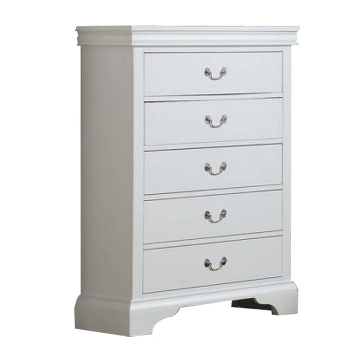 Vix 47 Inch 5 Drawer Tall Dresser Chest, Metal Handles, Crisp White Wood-Benzara