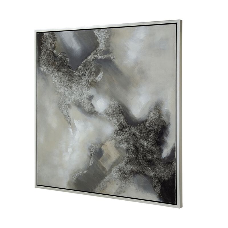 39 x 39 Stormy Skies Framed Handpainted Wall Art, Square, Canvas, Gray  - Benzara