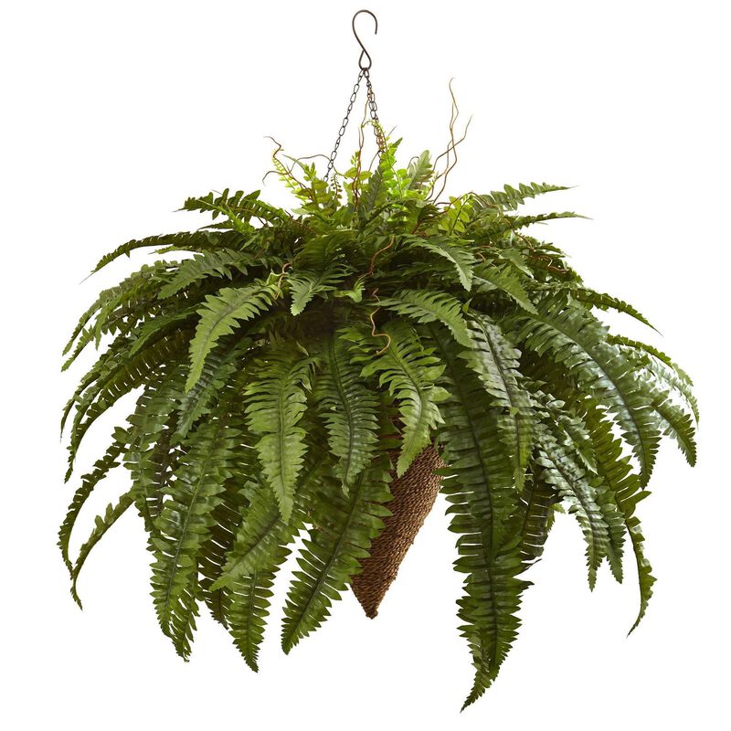 Nearly Natural 26-in Giant Boston Fern with Cone Hanging Basket