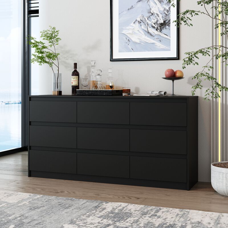 9-Drawer Black Wood Dresser Modern Style 31.5 in. H x 63 in. W x 15.7 in. D