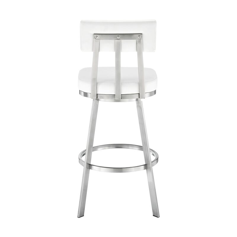 Poni 30 Inch Swivel Barstool Chair, Cushioned Seating, White Faux Leather - Benzara