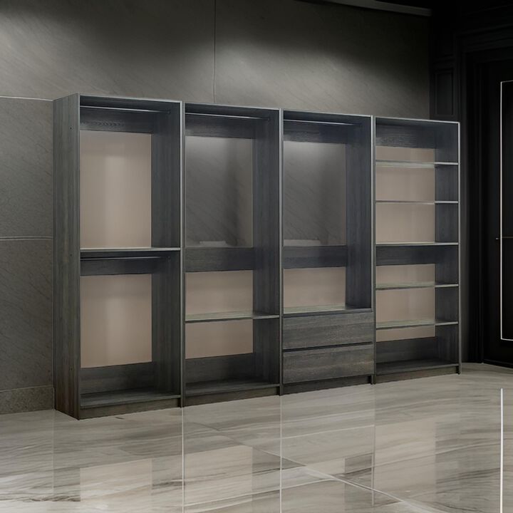 Dee Modular Freestanding Closet System, 4 Hanging Rods, 6 Shelves, Gray  - Benzara