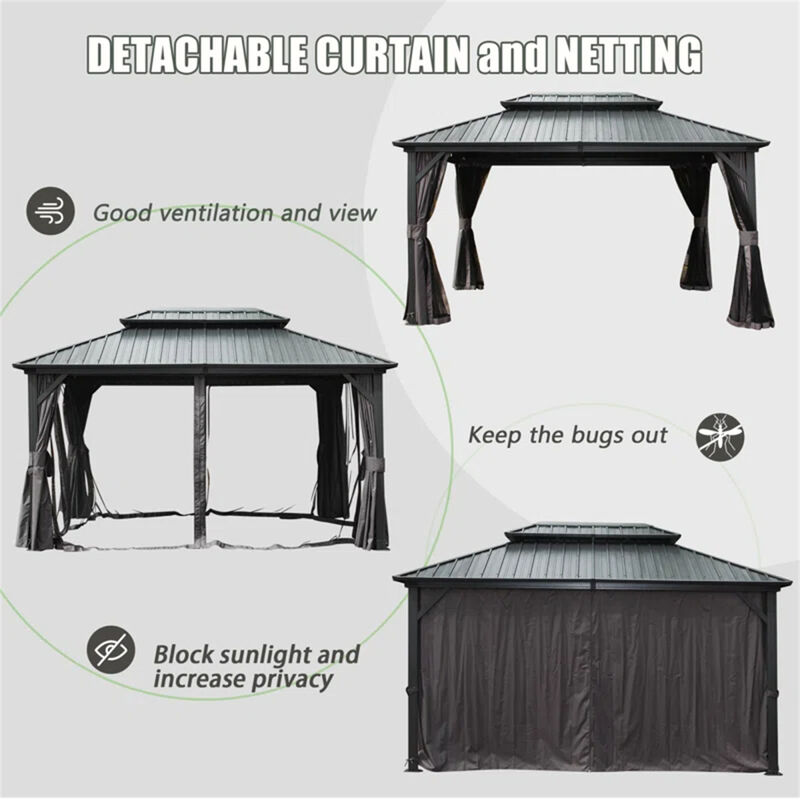 Aluminum grill gazebo with double canopy and curtains netting