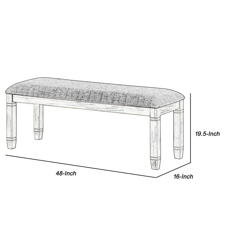 Fabric Upholstered Padded Bench with Tapered Feet, Antique White and Gray-Benzara