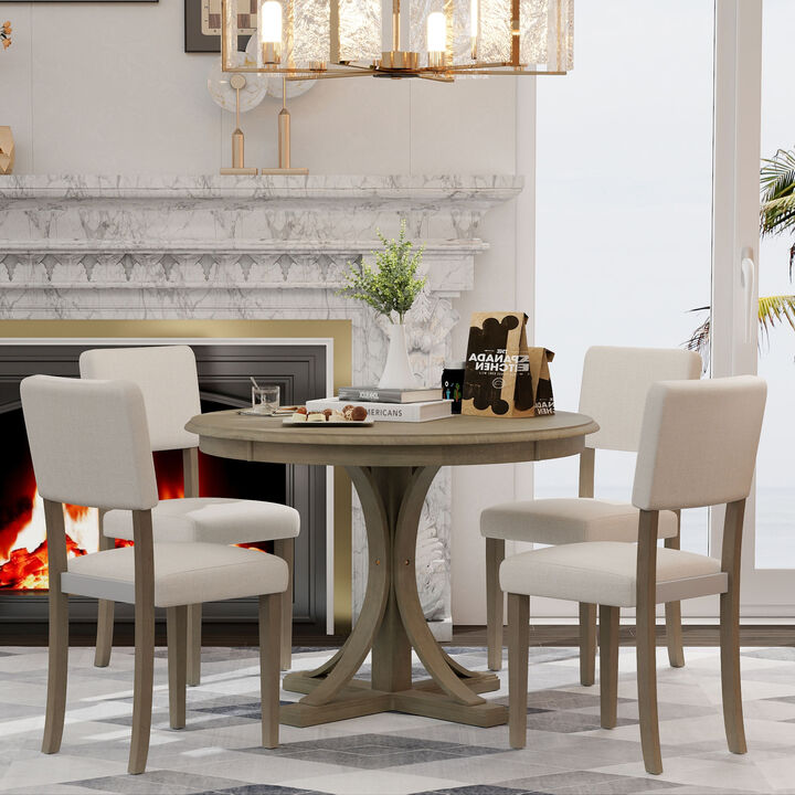 5-Piece Retro Round Dining Table Set With Curved Trestle Style Table Legs And 4