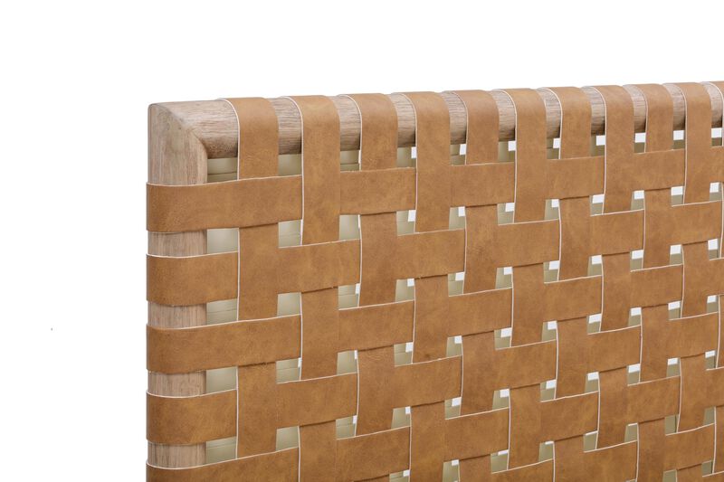 Dory King Size Bed, Hand Woven Headboard, Faux Leather Upholstery, Brown - Benzara