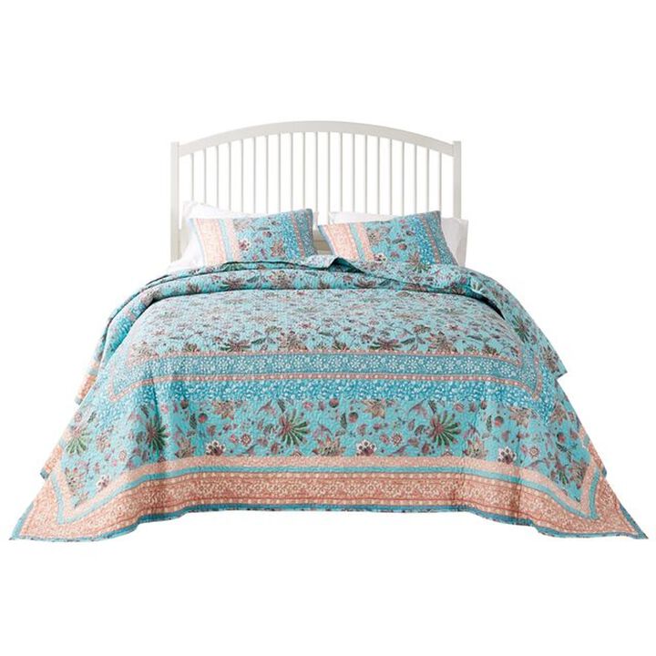 Dill 3pc King Bedspread Set, Turquoise Green Floral Microfiber Cotton