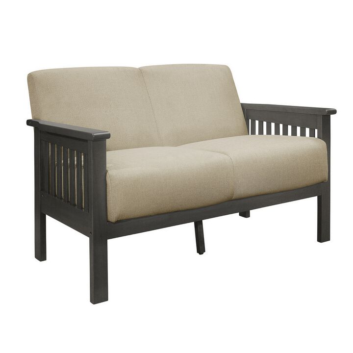 Wiston 50 Inch Loveseat, Beige Polyester, Dark Gray Solid Rubberwood - Benzara