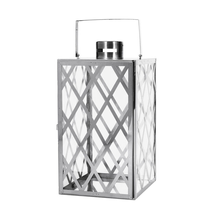 Dove 18 Inch Lantern, Lattice Silver Stainless Steel, Tempered Glass - Benzara
