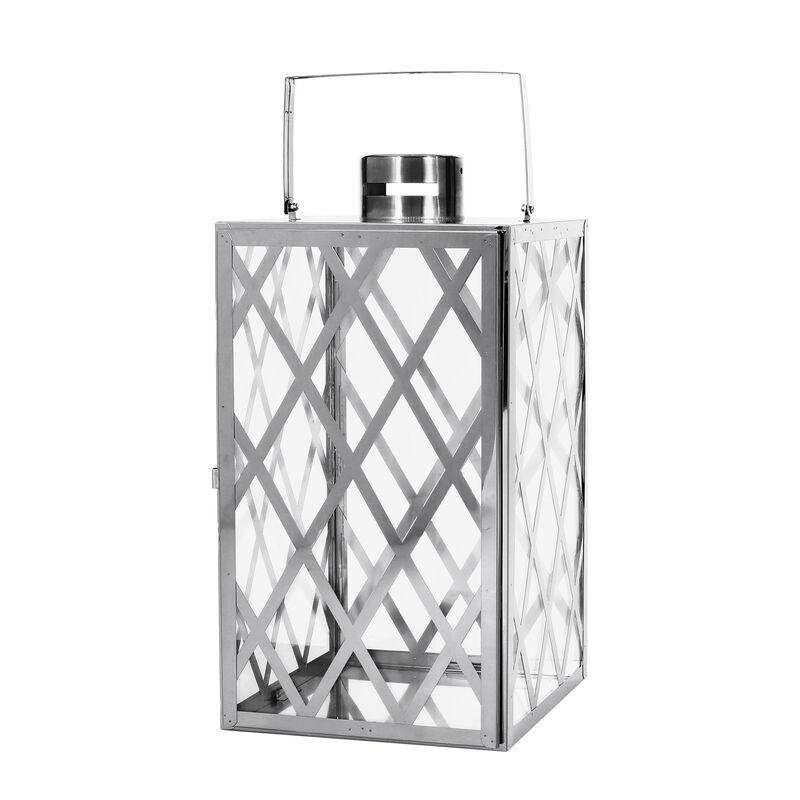 Dove 18 Inch Lantern, Lattice Silver Stainless Steel, Tempered Glass - Benzara
