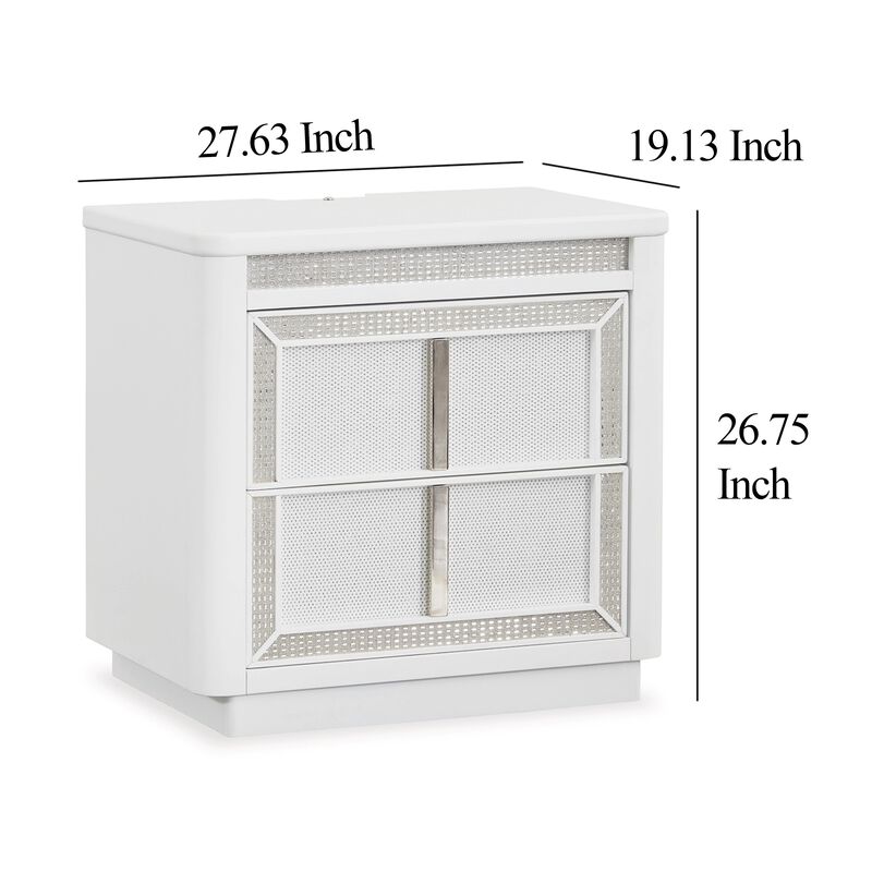 Canaal Nightstand, 2 Drawer, White Solid Wood, 28 Inch, LED Light - Benzara