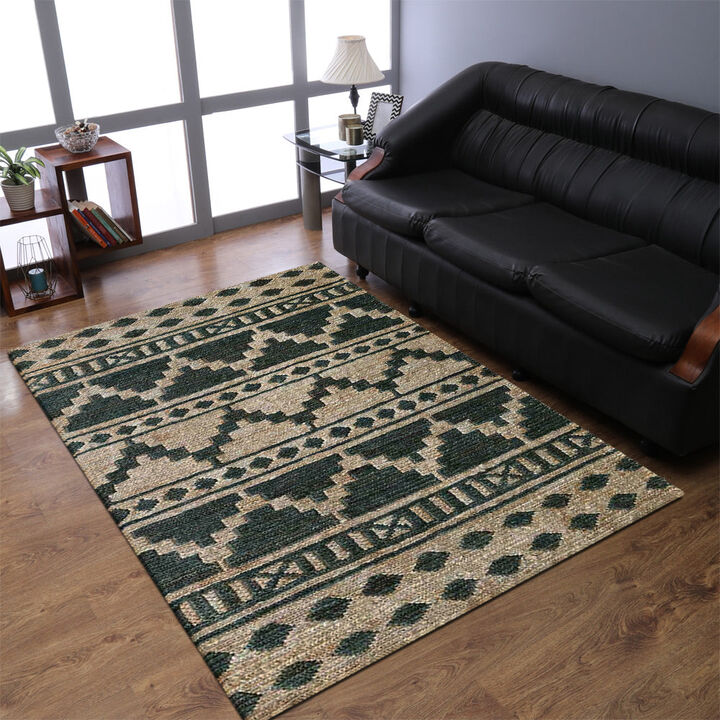 HAND KNOTTED SUMAK JUTE ECO-FRIENDLY Contemporary AREA RUGS  - 6'x9', Rectangle Shape, Beige Green Color, Contemporary, High Pile, Natural Fiber, Outdoor Indoor Handmade Area Rugs (J00084)