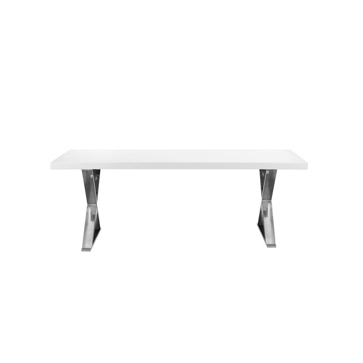 Rix 87 Inch Dining Table, White Wood Top, X Chrome Finished Steel Legs - Benzara