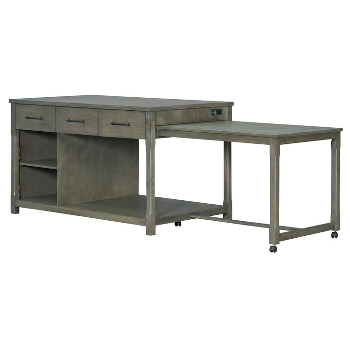 Clihome Extendable Kitchen Island with Storage, Multi-Functional Kitchen Cart with Built-In Power Outlets, Retro Kitchen Island on Wheels with Drawers and Open Shelves for Kitchen (Gray)