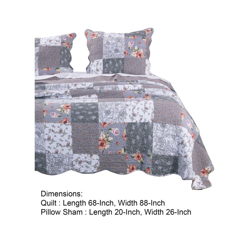 Microfiber Quilt and 1 Pillow Sham Set with Floral Prints, Multicolor - Benzara