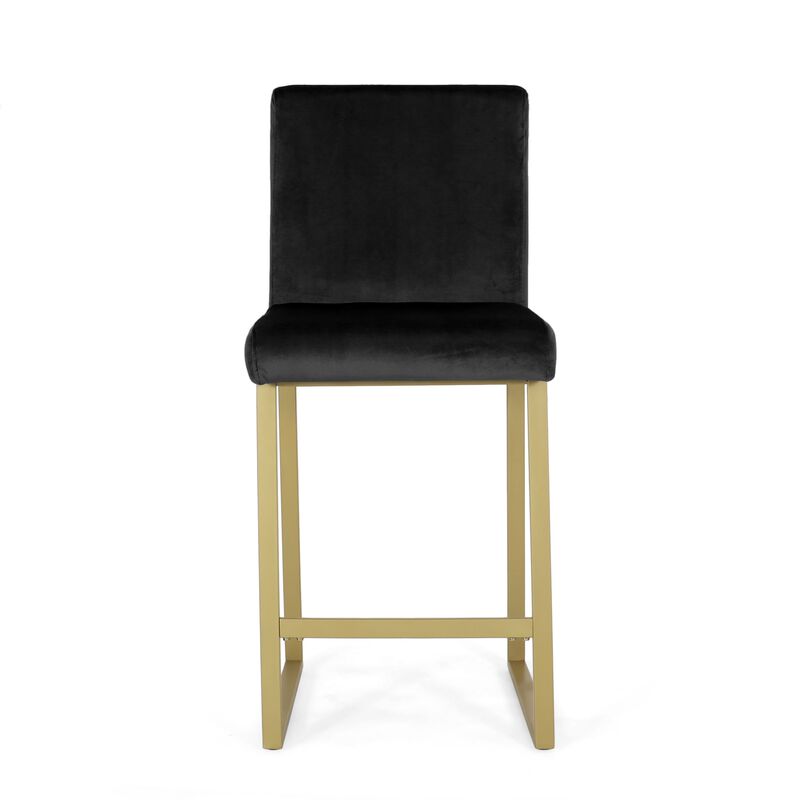 Counter Stool Chair Set of 2, Gold Sled Metal Base, Black Velvet - Benzara