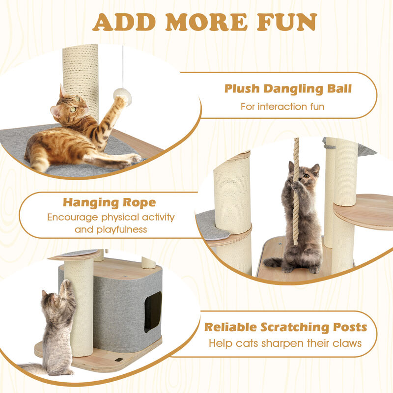 Tall Cat Tree Modern Wooden Cat Tower with Perch Condo Hammock