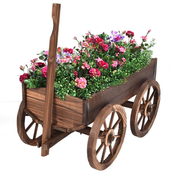 Hivvago Wood Wagon Planter Pot Stand with Wheels